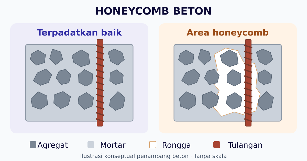 Ilustrasi penampang beton terpadatkan dengan baik dibandingkan area honeycomb, menunjukkan rongga antaragregat dan di sekitar tulangan