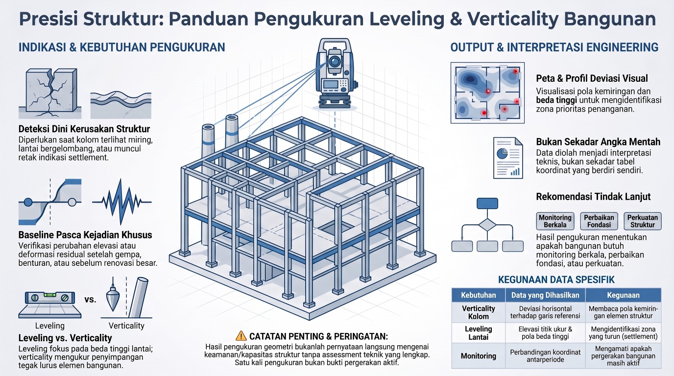 Infografis pengukuran leveling dan verticality bangunan dengan Total Station untuk pemetaan elevasi, kemiringan, dan monitoring deformasi struktur