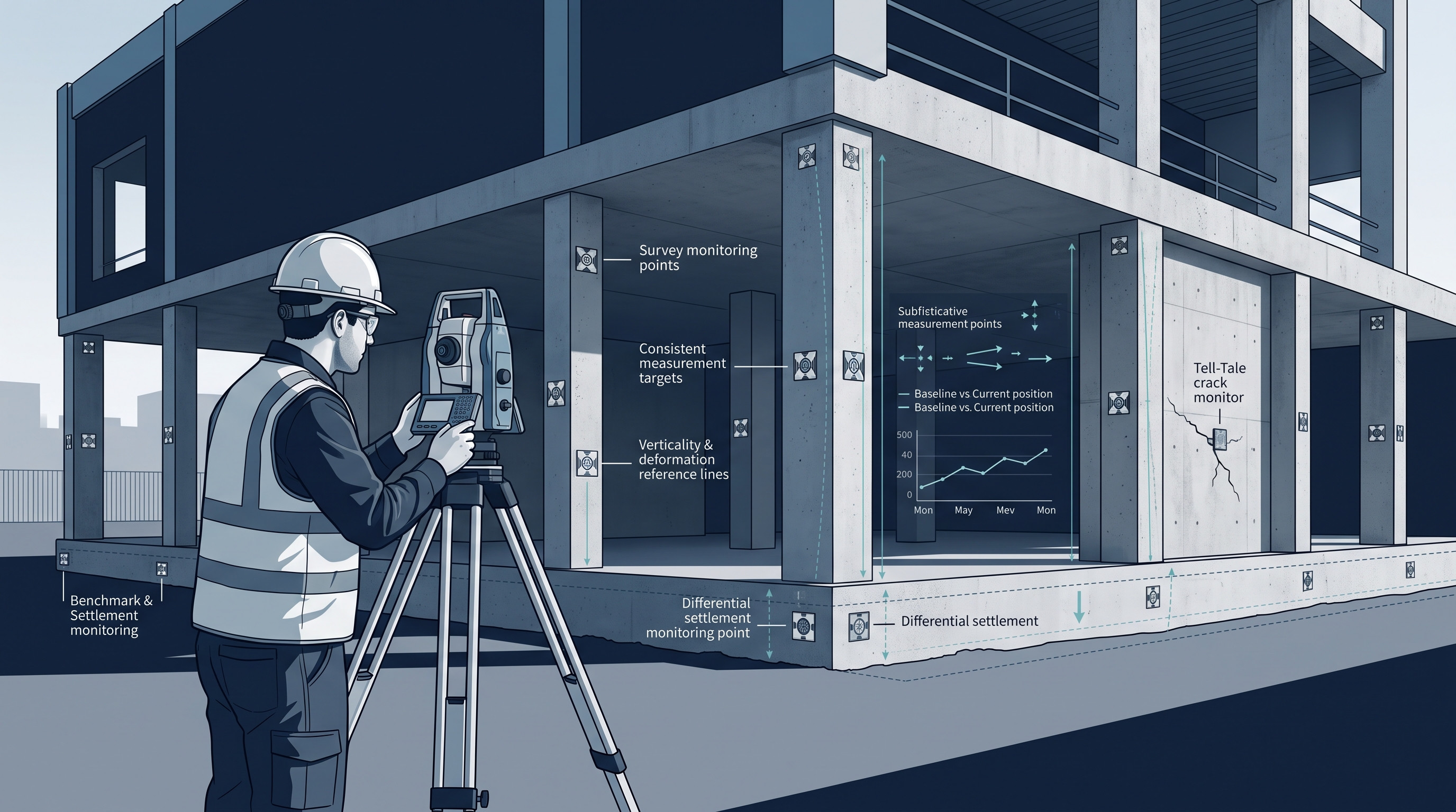 Ilustrasi monitoring struktur dan geoteknik dengan Total Station, benchmark, titik ukur deformasi, settlement, dan crack monitor