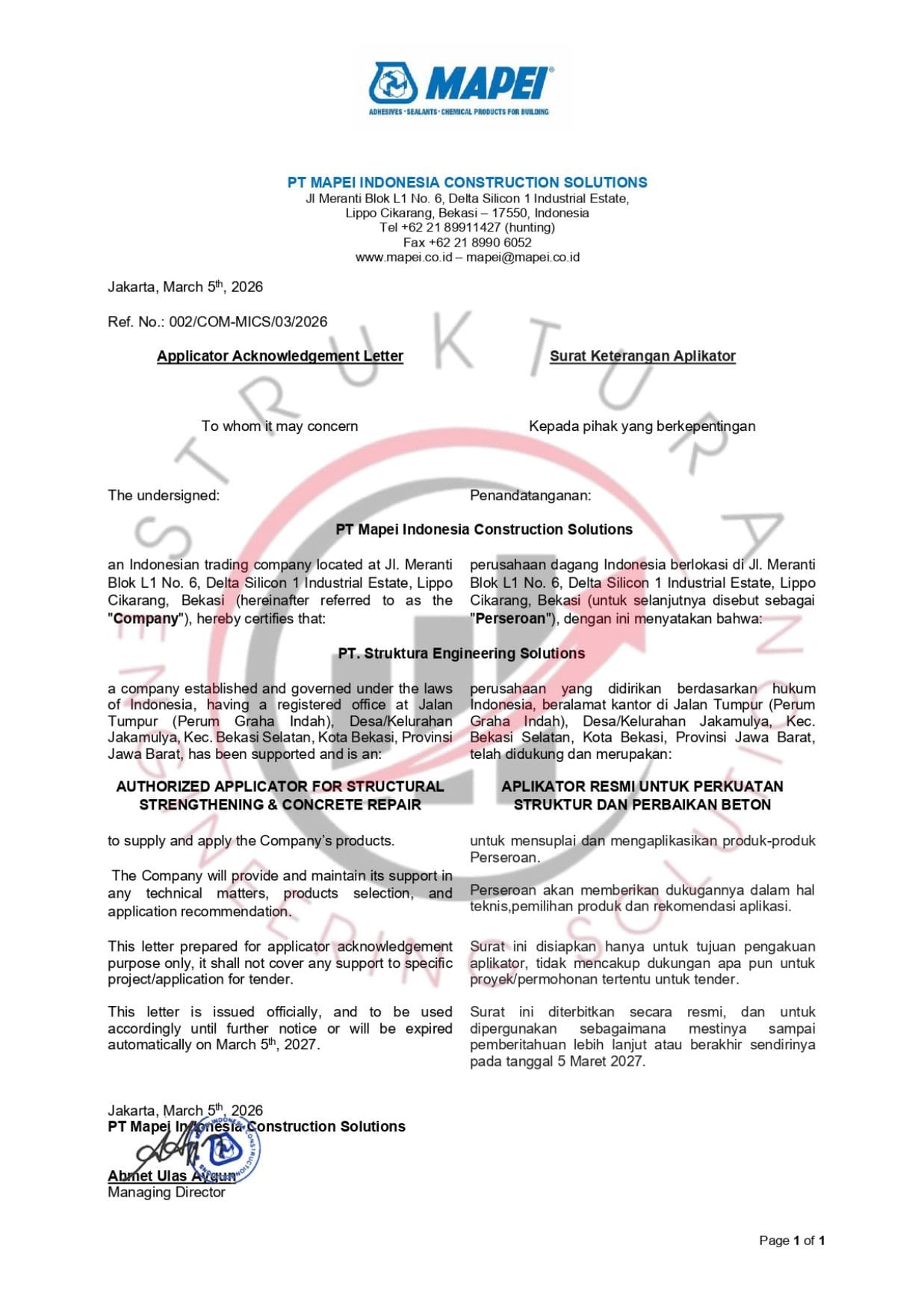 Acknowledgement Letter MAPEI Struktura