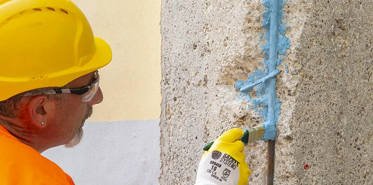 Pembersihan area repair dan aplikasi perlakuan pada tulangan beton